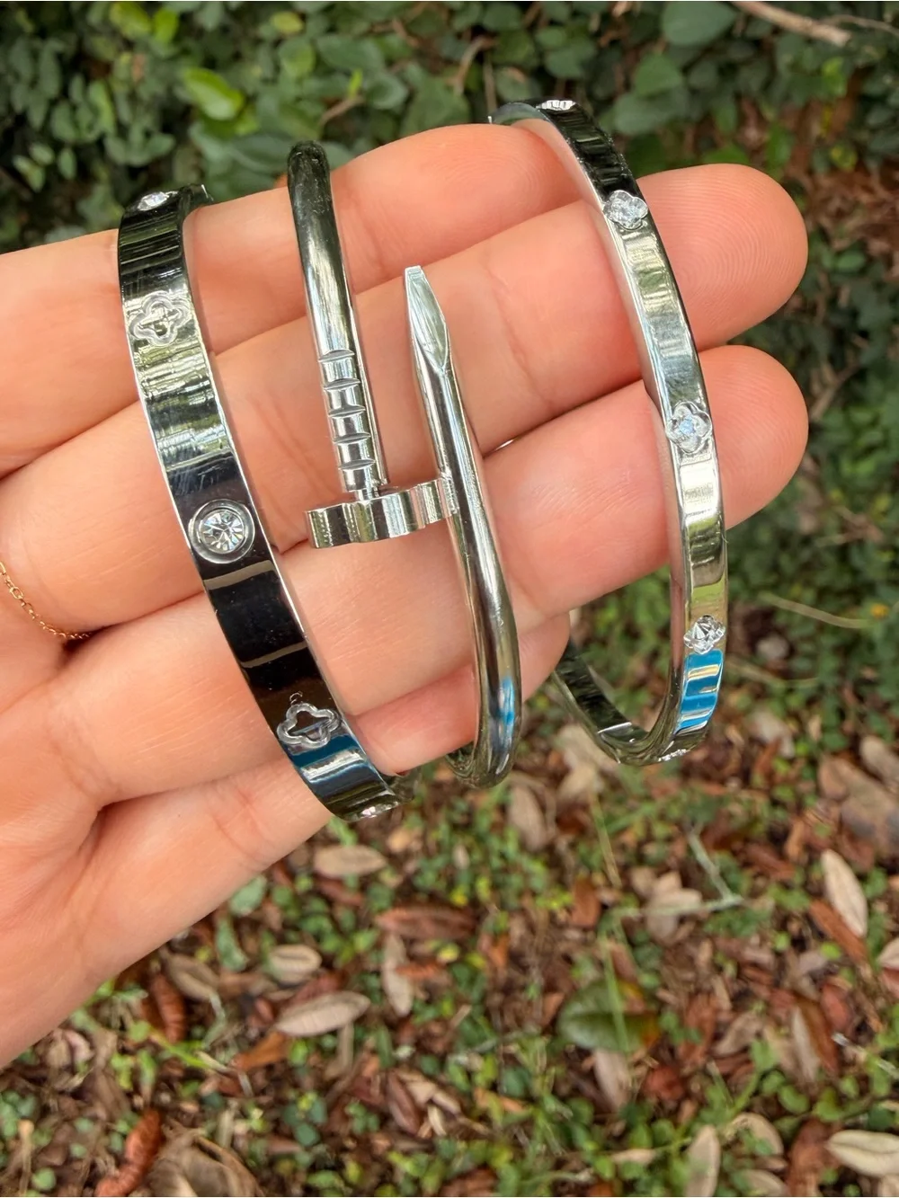Nail Motif Bangle Bracelet Set of 3 Silver